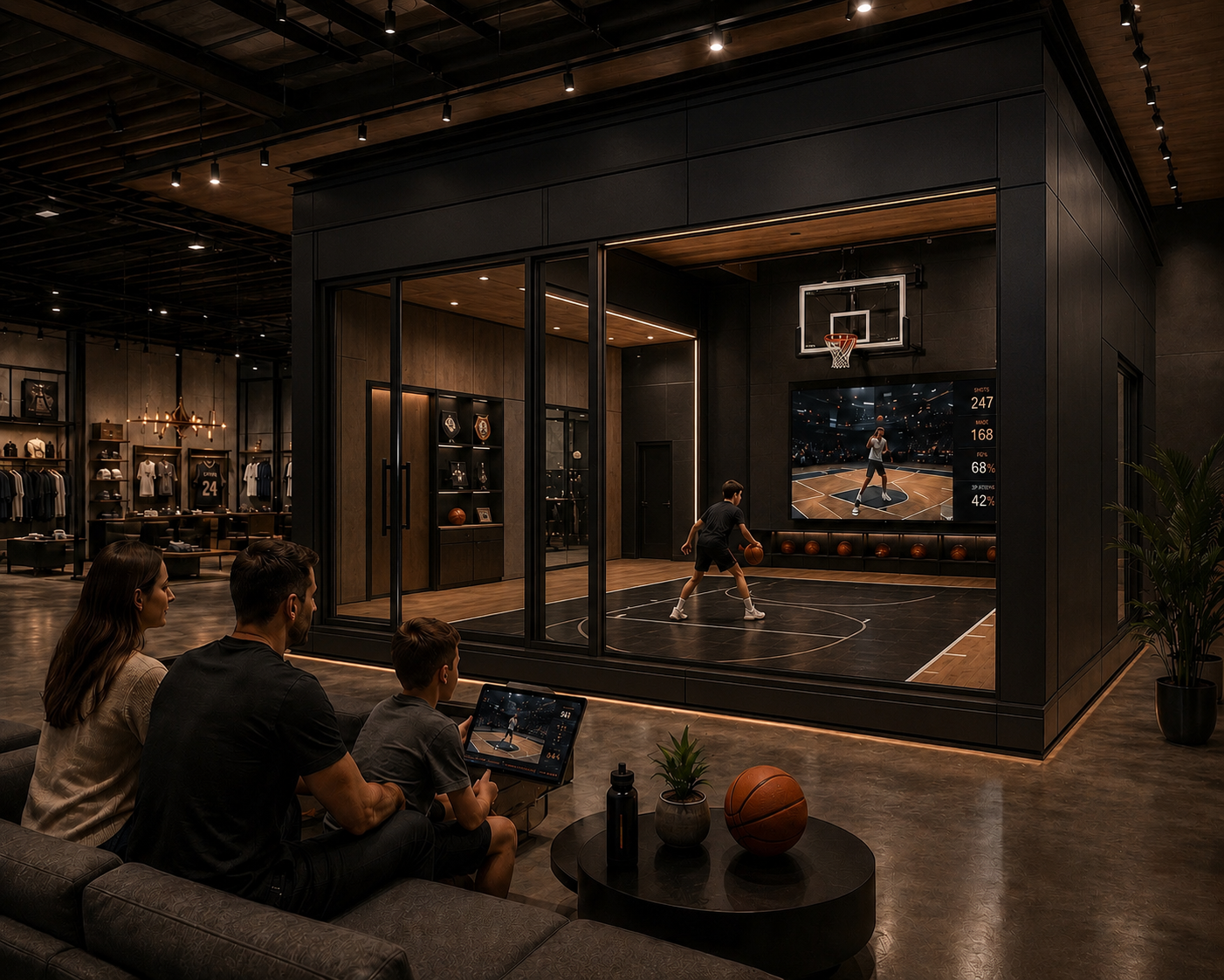 Modular basketball court pod with solid wall panels and glass viewing side