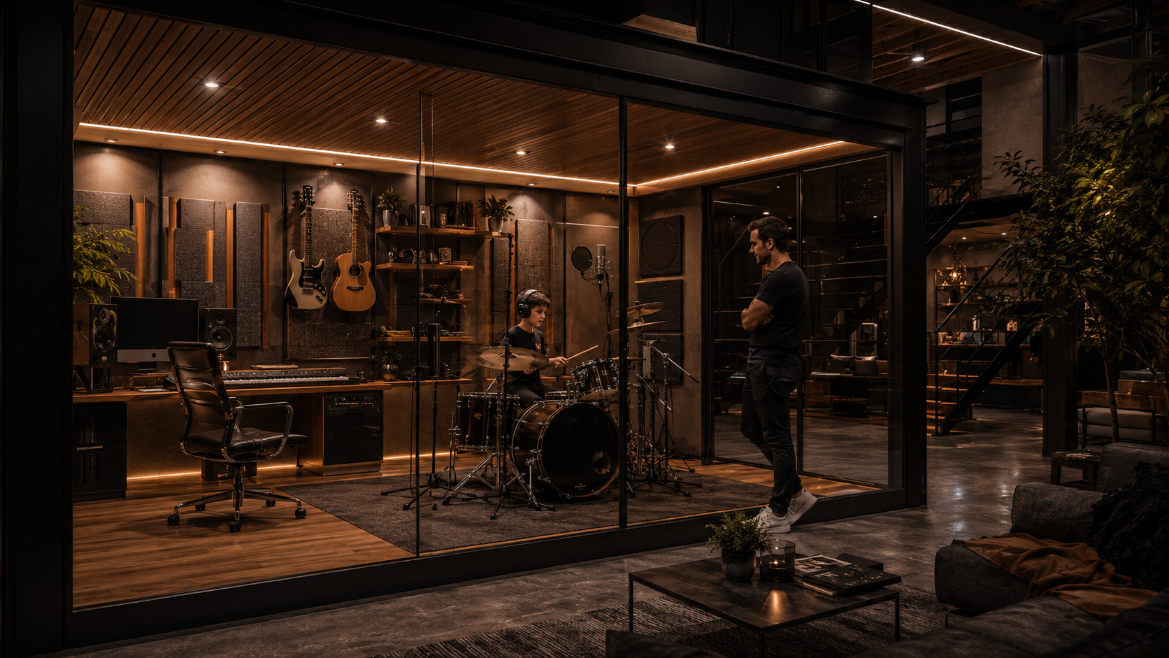 Modular music studio pod with drums and acoustic design