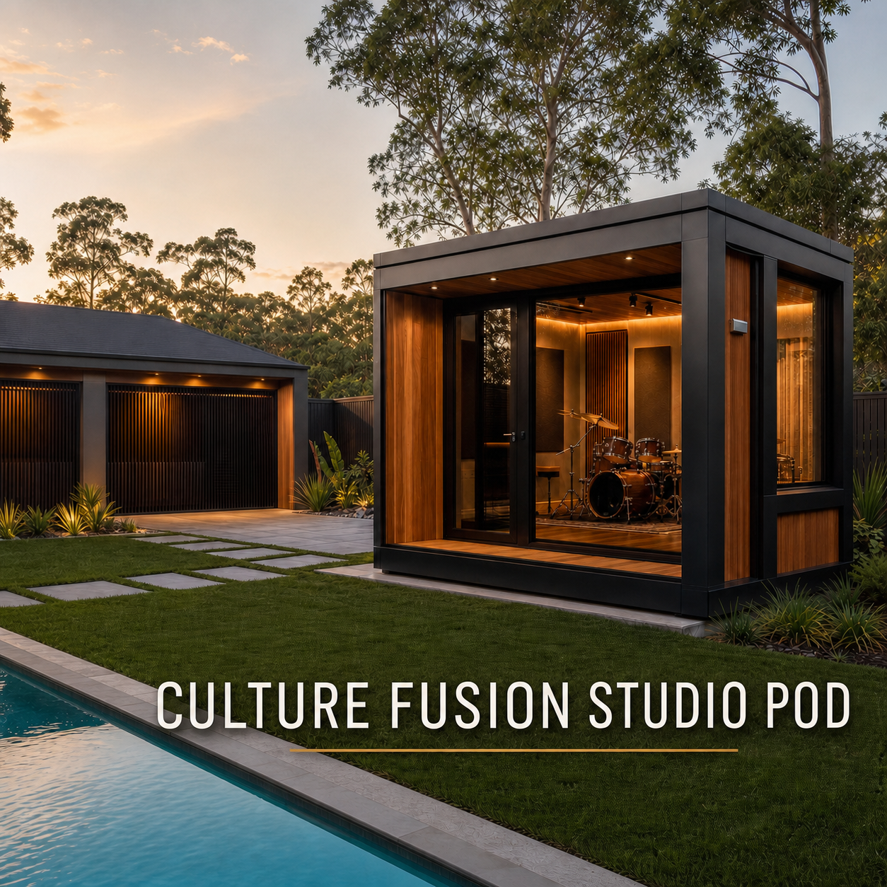 Culture Fusion Studio modular music pod concept beside pool lifestyle setting